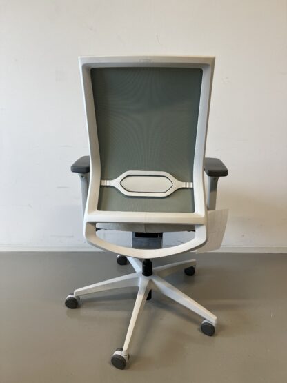 Bürodrehstuhl_quarterback_2_membran_creme_Sitzpolster_salbeigrün_Aluminiumfuß_lichtgar_hinten